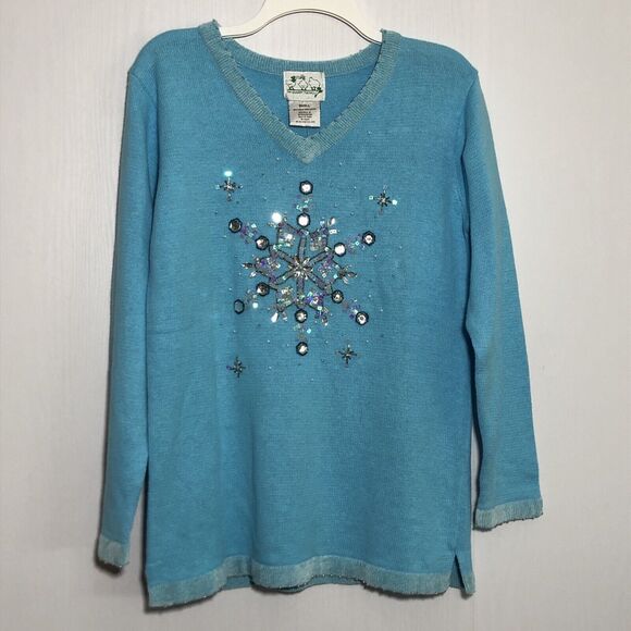 Quacker Factory Sweater Womens Small Blue Snowflake Christmas Granny Sparkle New - Picture 1 of 9